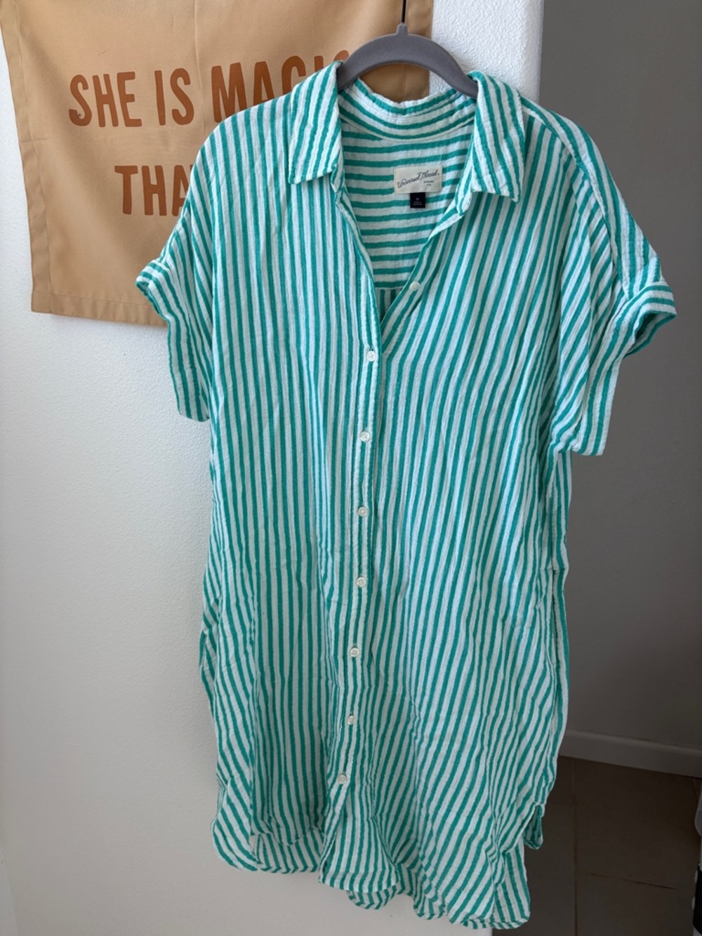 Universal Thread Green & White Striped Button-Up Cotton Dress with Pockets